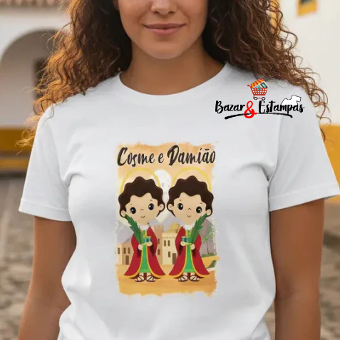 1 Camiseta São Cosme e Damião Bonequinho Cute Data Festiva Camisa Cosme e Damião