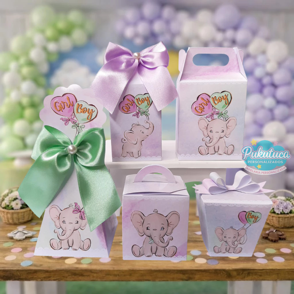 Kit Caixinhas CHÁ REVELÇÃO ELEFANTINHOS - Personalizadas Festa Infantil - Lembrancinhas - Surpresinhas - PEGUE E MONTE