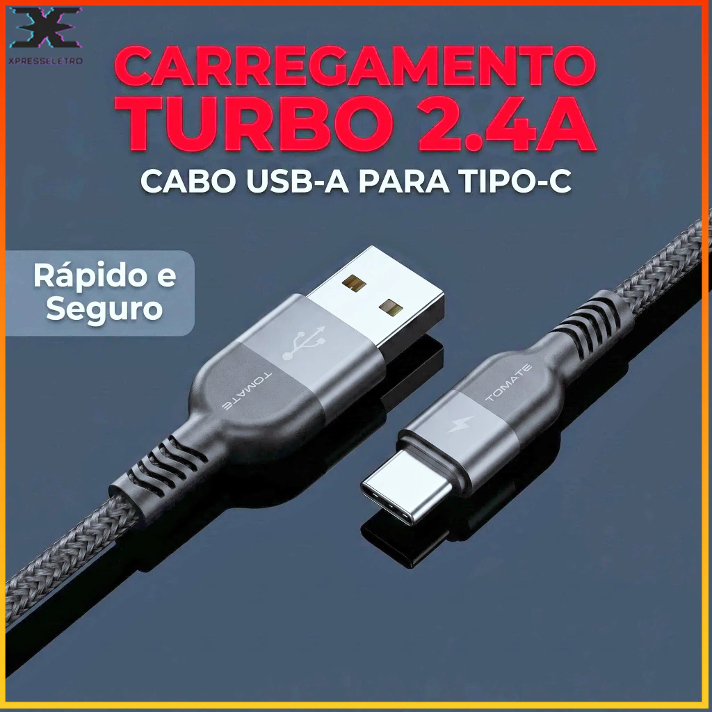 Cabo Tipo-C  Carregador Rápido 2.4A Trançado Reforçado USB Android USB C Alta Velocidade 1m