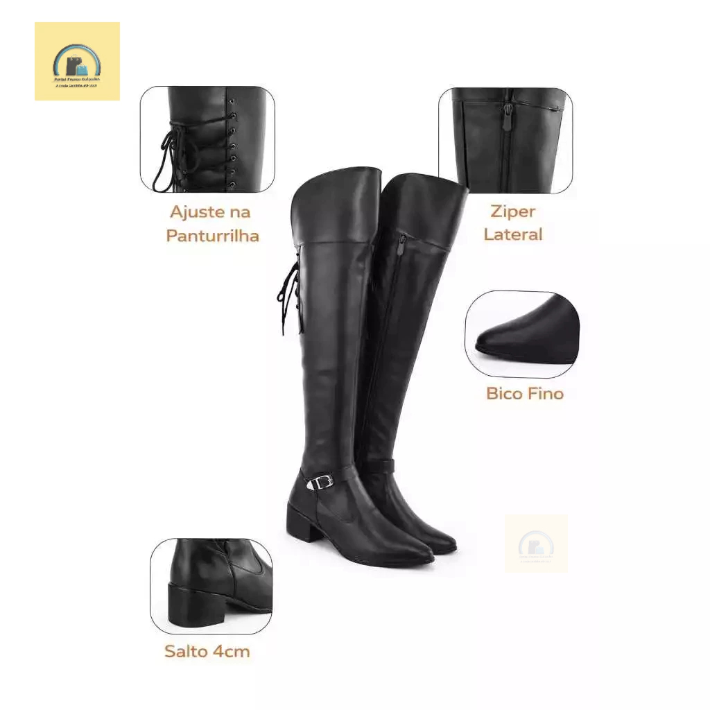 Bota Over Cano Longo Plus Amarrar Ajustável Na Panturrilha Lisa e Camurça