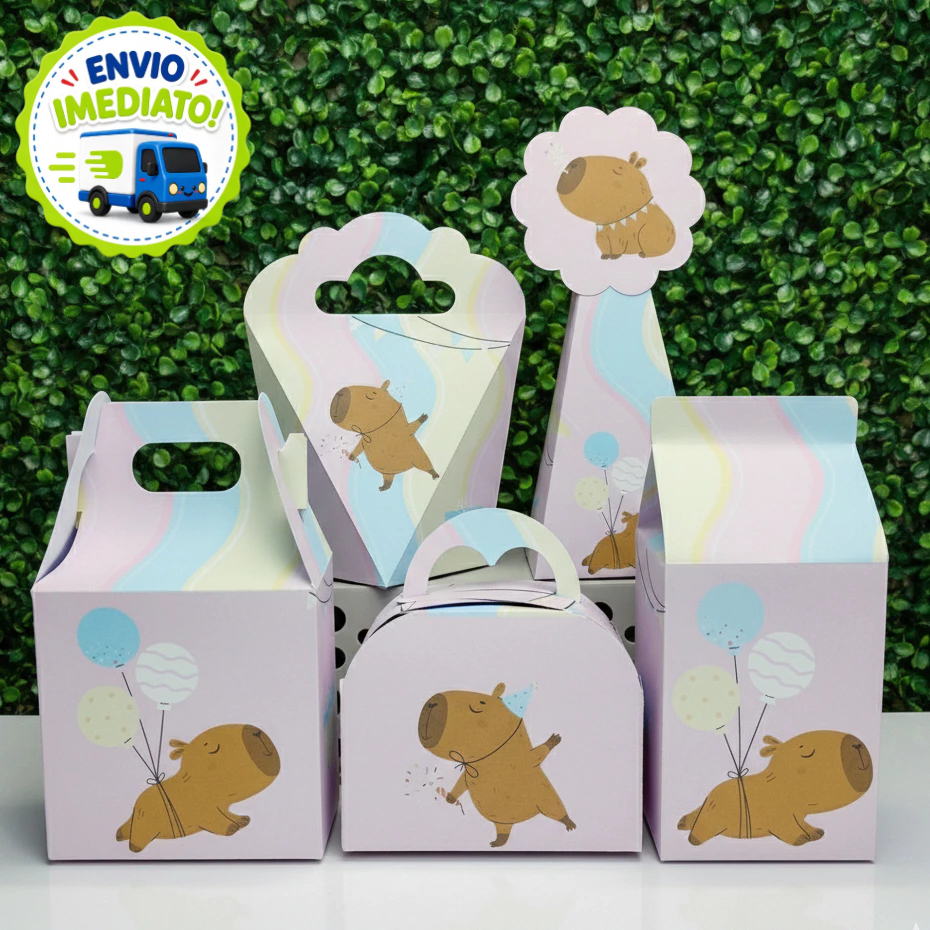 Kit 20/40/60 Caixinhas Capivara Rosa - Lembrancinha Aniversário Infantil (Pegue e Monte)