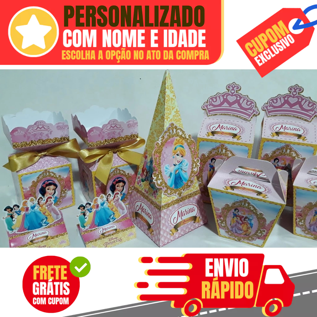 Kit de Lembrancinhas Personalizadas com 100 Itens TEMA: Princesas Disney - Envio Rápido