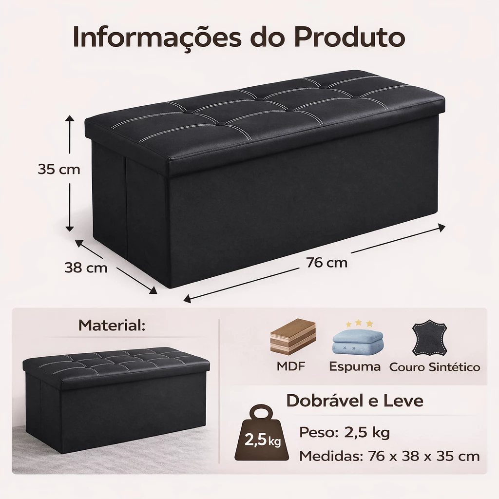 Puff Baú Organizador De Calçados Elegante Retangular 78x38x38 CM Puff Baú  Dobrável
