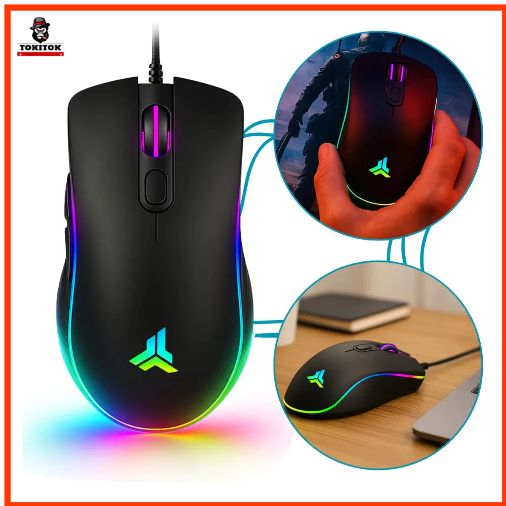 Mous Gamer 4800 dpi USB RGB Ajustável 7 Botões Óptico Ergonômico para PC Notebook jogo e Conexão USB