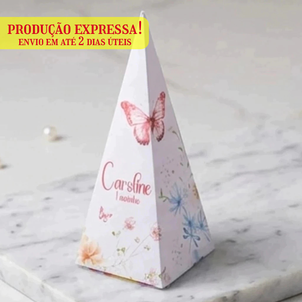 Kit Caixa Piramide Personalizada Tema Jardim das Borboletas Lembrancinha de Aniversário