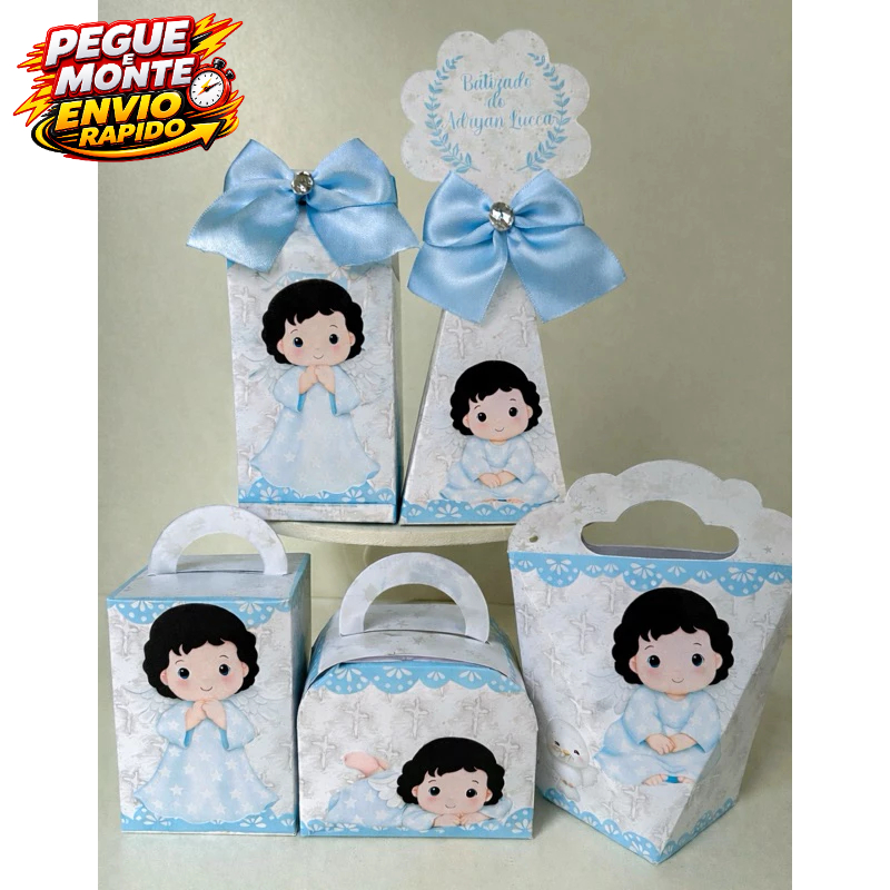 Kit Personalizados Batizado Menino Azul e Branco Pegue e Monte Caixinha Lembrancinhas(Informe Nome e Idade pelo Chat)