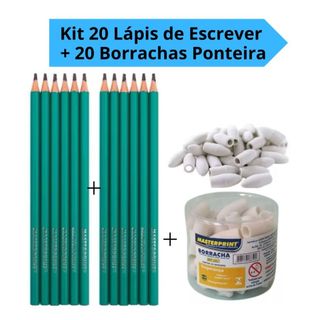 Kit 20 Lápis de Escrever HB N°2 Sextavado + 20 Borrachas Ponteira Desenho Escolar