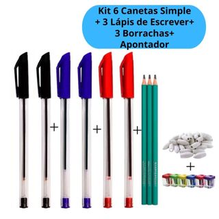 Kit 6 Canetas Simples duas de cada Cor + 3 Lápis de Escrever + 3 Borrachas Ponteira + 1 A…
