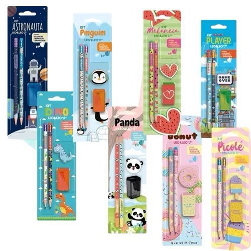 Kit Escolar com 4 Peças Lapis Apontador Borracha Pets Donuts Astronauta Picolé Game Dino Leo&Leo