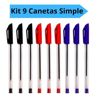 Kit 9 Canetas Simples Vermelha Preto Azul Escolar Escritório Leo&Leo