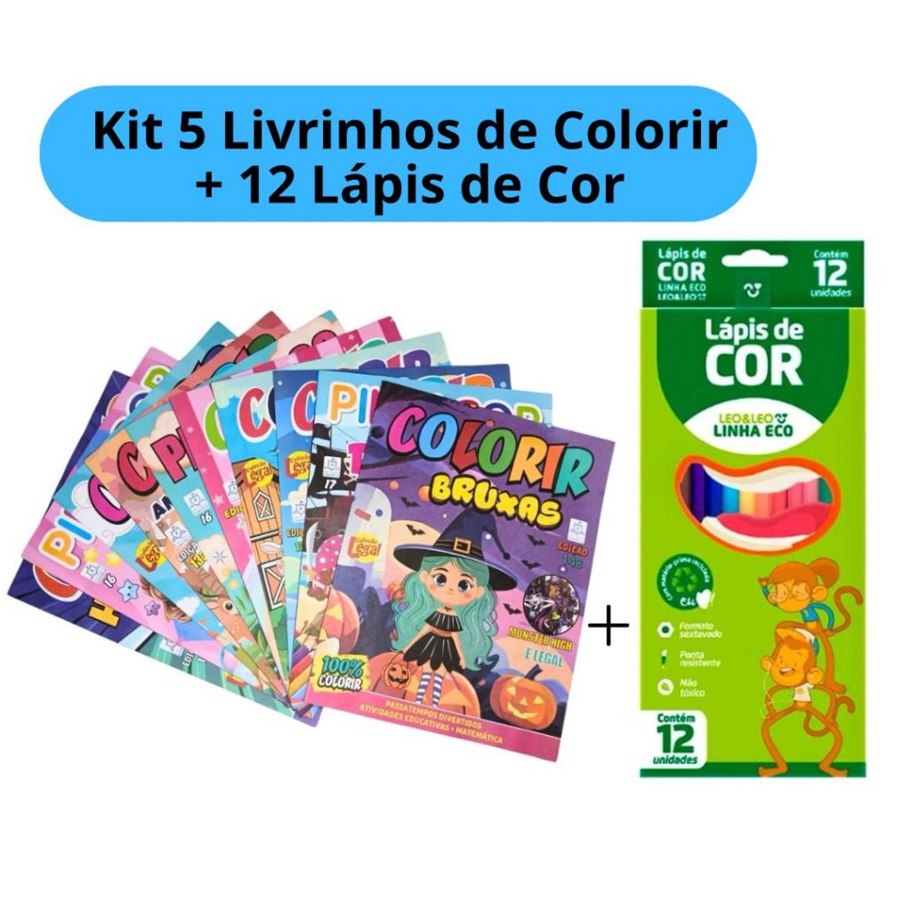 Kit 5 Livrinhos de Colorir Revistinha + 12 Lápis de Cor Kit Festa Infantil
