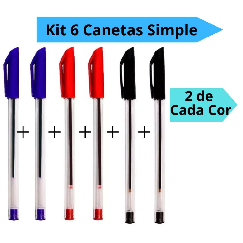 Kit 6 Canetas Simples Duas de cada cor Vermelha Preto e Azul Escolas Escritório Leo&Leo