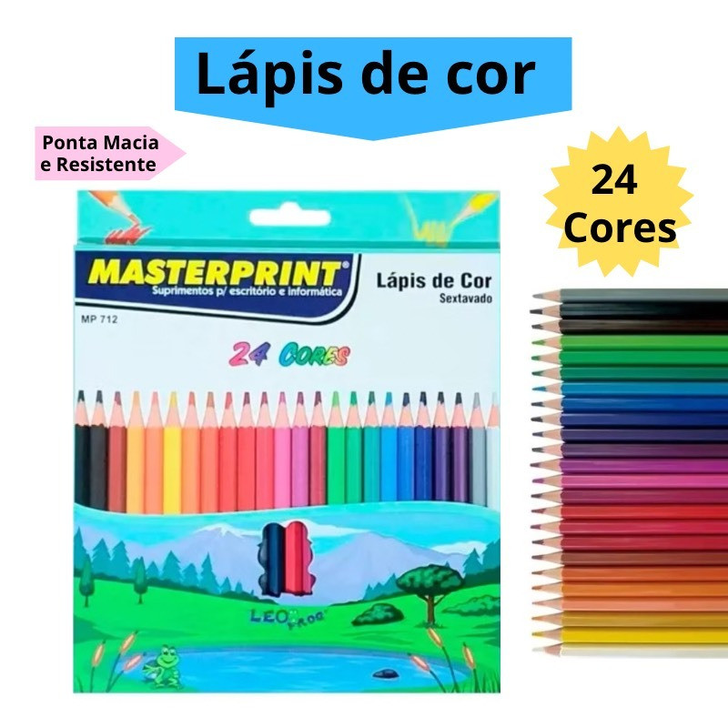 Lápis de Cor 24 Cores Resistente Sextavado Escolar Masterprint em Oferta na Shopee