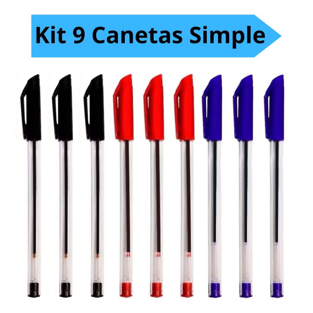 Kit 9 Canetas Simples Vermelha Preto Azul Escolar Escritório Leo&Leo em Oferta na Shopee
