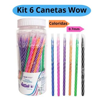 Kit 6 Caneta Wow Esferográfica 0.7 Coloridas e Preta