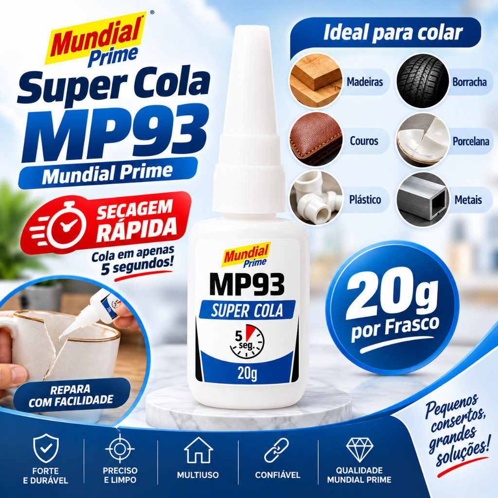 Super Cola Adesivo Instantâneo 20g MP93 Secagem Rápida Madeiras Couros Plástico Borracha Porcelana Metais