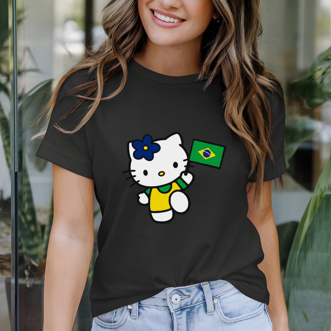 Camiseta Feminina Gatinha Fofa com Laço Azul e Bandeira do Brasil