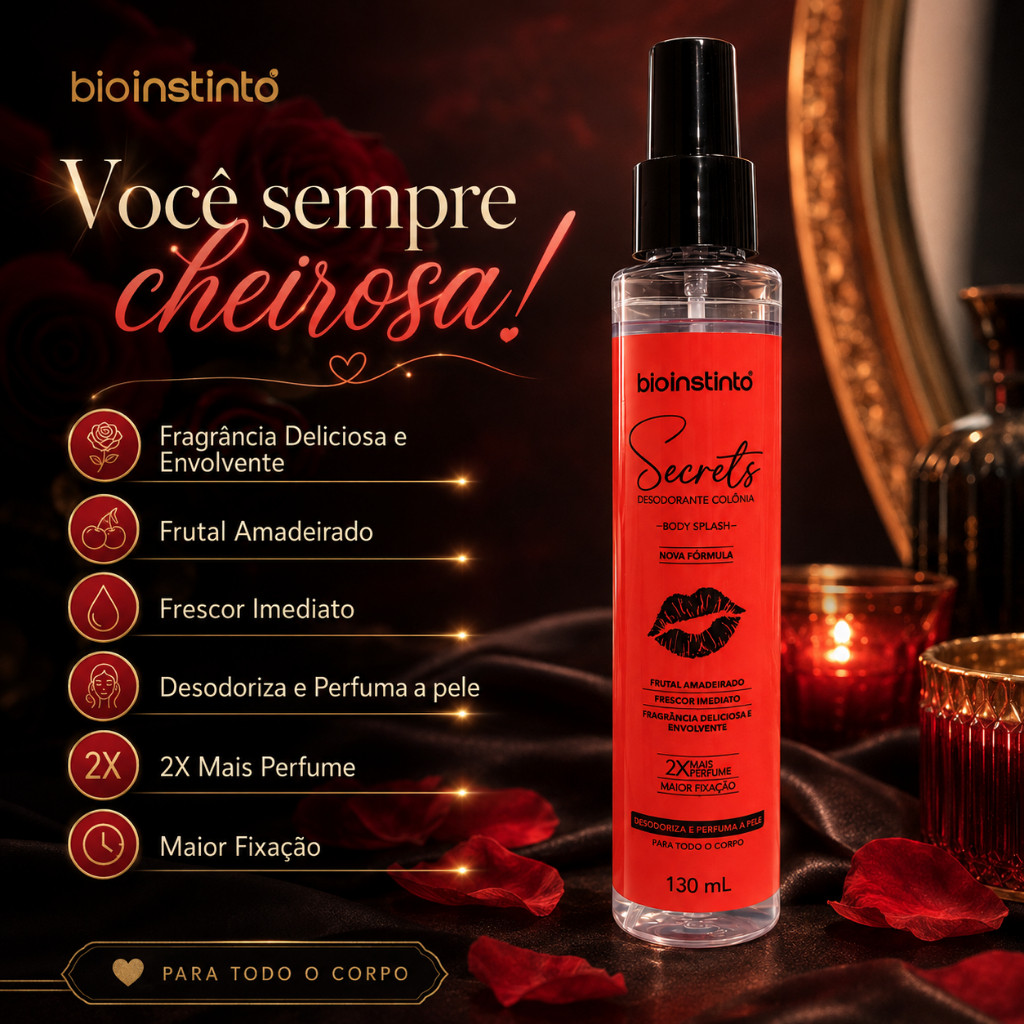 Body Splash Secrets 130ml Desodorante Colônia Perfume Frutal Amadeirado Bio Instinto