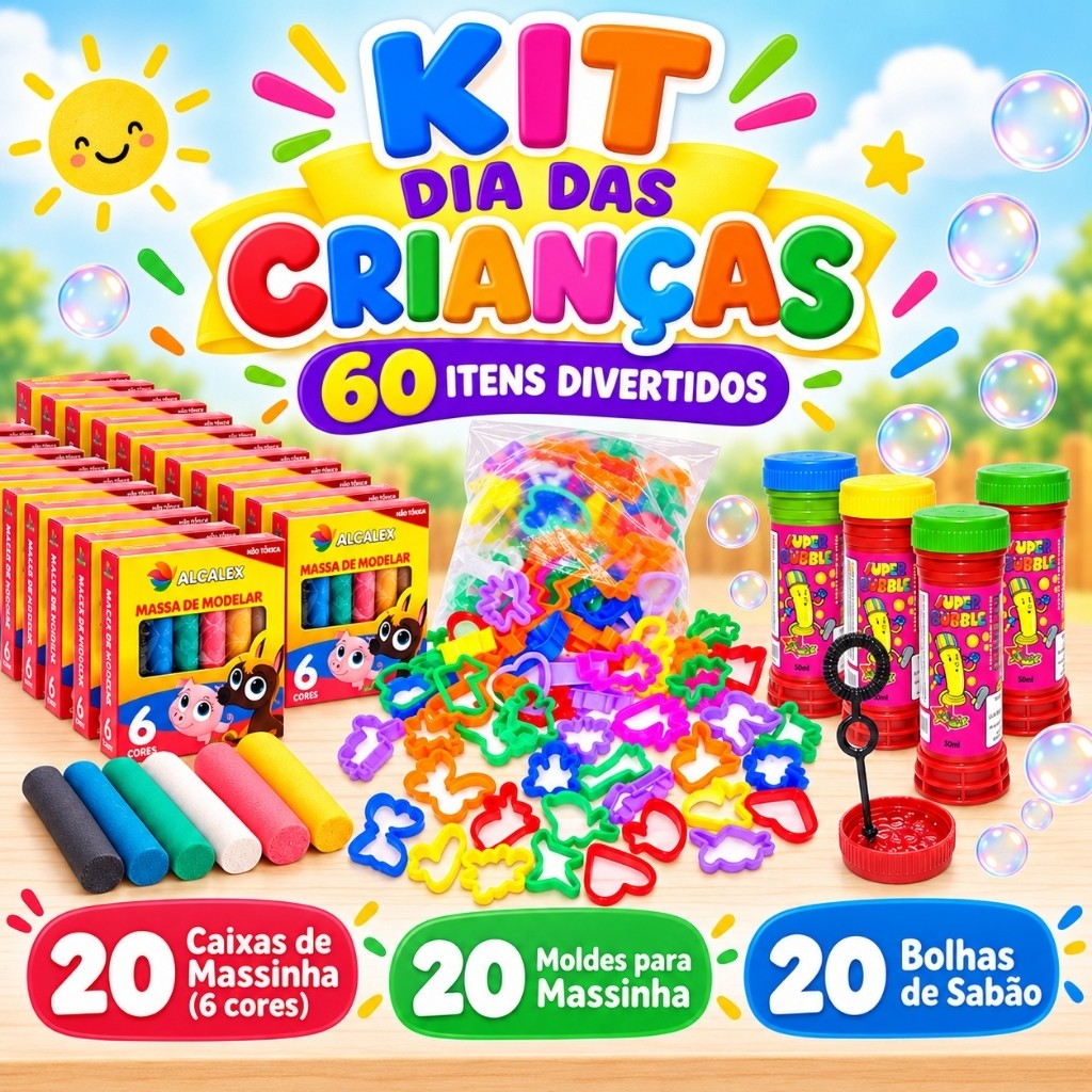 Kit Dia das Crianças Massinha de Modelar + Moldes + Bolhas de Sabão Lembrancinha Infantil Festa Aniversário