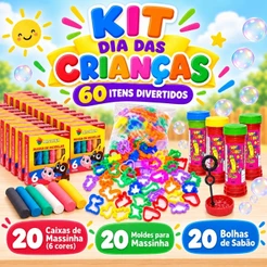 Kit Dia das Crianças Massinha de Modelar + Moldes + Bolhas de Sabão Lembrancinha Infantil Festa Aniversário