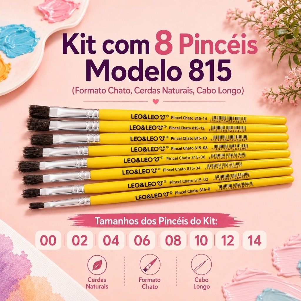 Kit 8 Pincéis Modelo 815 Tamanho 0 ao 14 Pincel Chato Cerdas Naturais para Pintura Artesanato Escolar Leo&Leo
