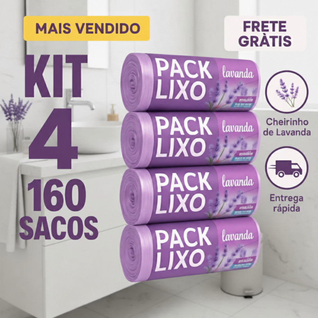 Kit 4 Sacos de Lixo Perfumados Lavanda | 160 Sacos | Pia e Banheiro | 34x38cm | Neutraliza Odores