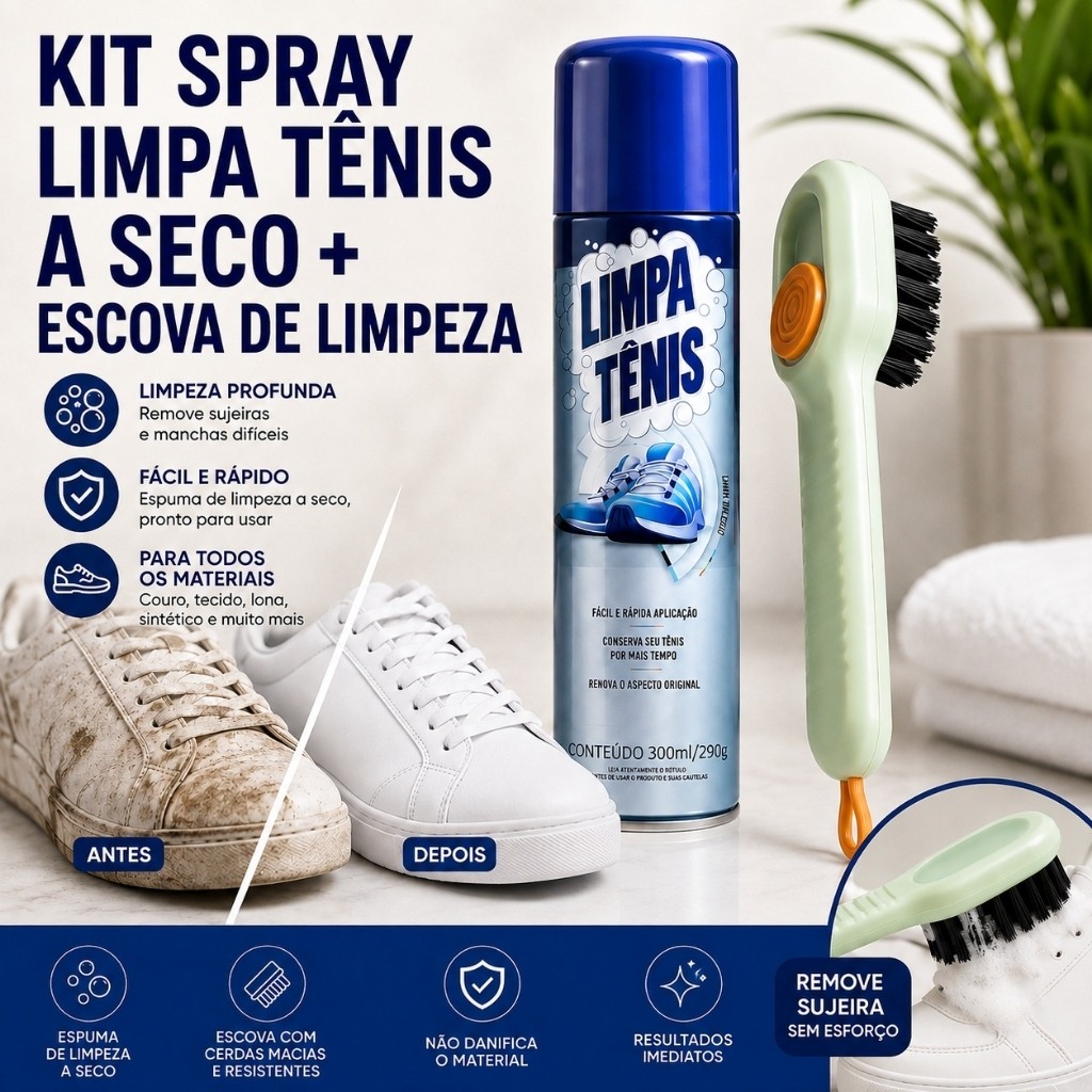 Kit Limpa Tênis a Seco Espuma Spray + Escova de Limpeza para Sapatos