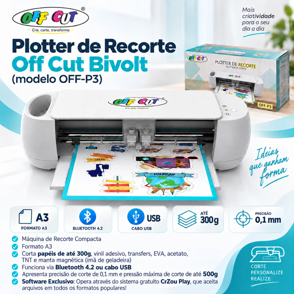 Plotter de Recorte Off Cut Bivolt OFF-P3 Formato A3 Máquina Precisão de Corte 0,1mm para Papel de até 300g