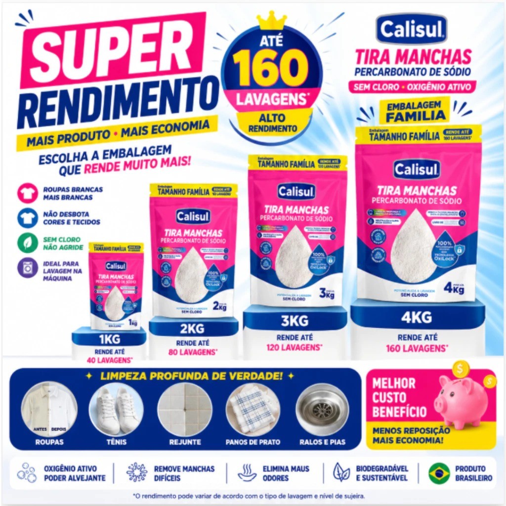 Alvejante Percarbonato de Sódio Calisul 100% Puro Sem Cloro Limpeza Roupas Brancas e Coloridas Clareador Tira Manchas