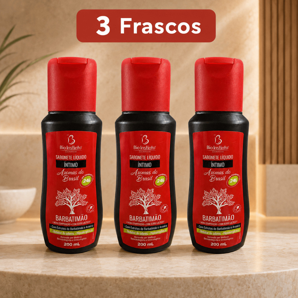 Kit 3 Frascos Sabonete Íntimo Líquido Barbatimão com Ácido Láctico 200ml Redutor de Odores Hipoalergênico Bio Instinto