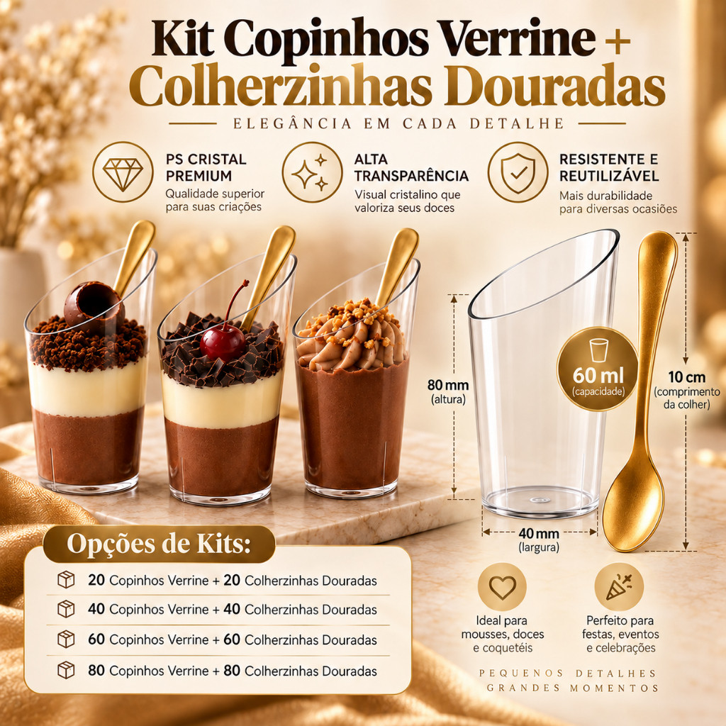 Kit Copinho Verrine 60ml + Colherzinha Dourada Sobremesa Acrílico Mousse Doces Festa Buffet Aniversário