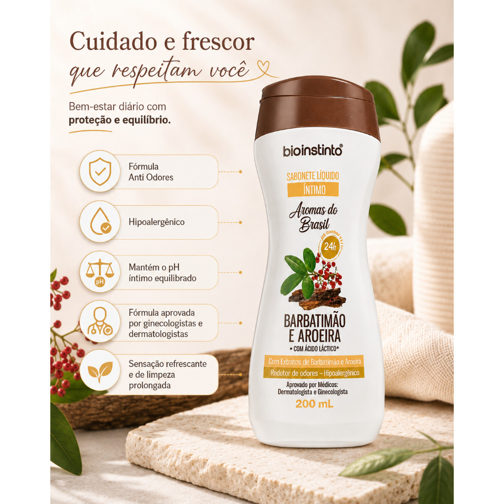 Sabonete Íntimo Líquido Barbatimão e Aroeira com Ácido Láctico 200ml Redutor de Odores Hipoalergênico Bio Instinto
