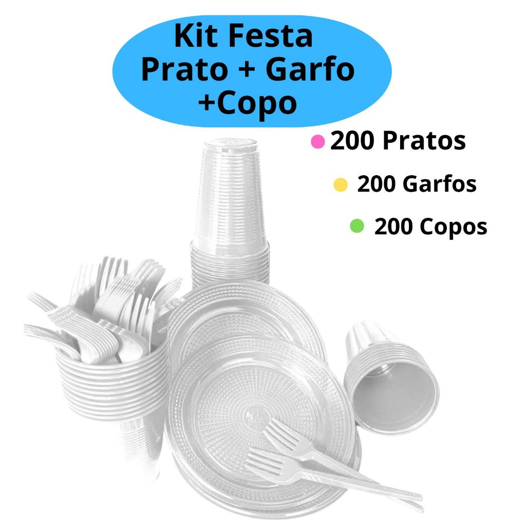 Kit Festa 50/200 Pessoas Economico Branco GARFO + PRATO + COPO Aniversário Decoração Descartável