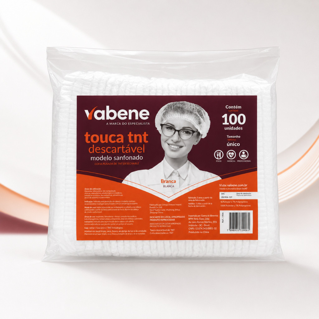 Touca TNT Descartável Branca Vabene 100 Unidades Sanfonada Profissional Tamanho Único Cozinha Clínica Estética