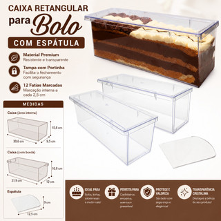 Caixa Para Bolo Slice Acrílica Retangular com Espátula e Tampa 30x10x11cm 12 Fatias Marca…