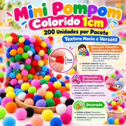 Pompom Mini Colorido 1cm Mix 200 Unidades Textura Macia e Versátil Artesanato DIY