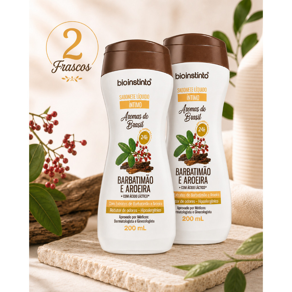 Kit 2 Frascos Sabonete Íntimo Líquido Barbatimão e Aroeira com Ácido Láctico 200ml Redutor de Odores Bio Instinto