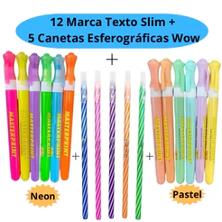 12 Marca Texto Slim ( Pastel e Neon) Masterprint + 5 Canetas Esferográficas Wow Fundo Branco 0.7mm Jocar