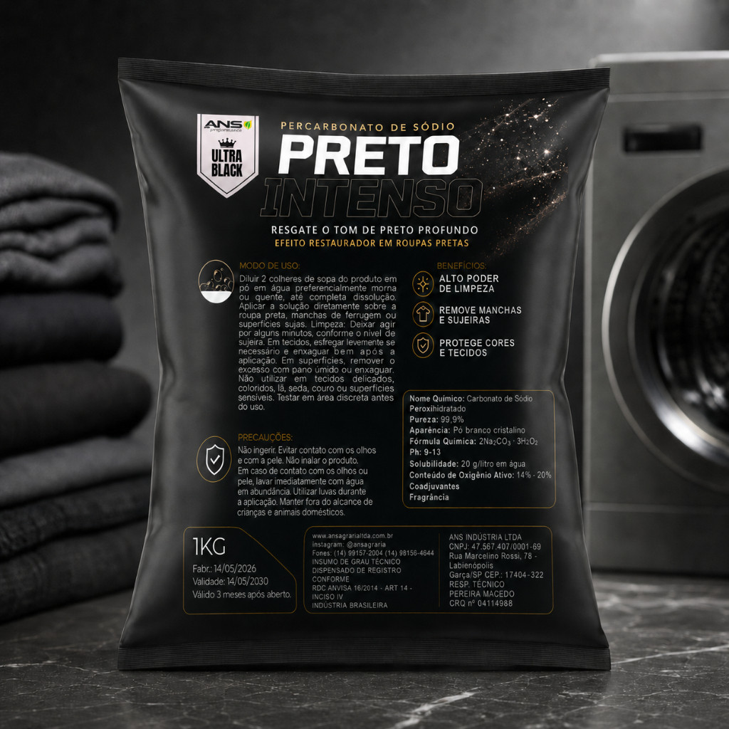 Percarbonato de Sódio Preto Intenso 1kg Para Roupas Pretas Tira Manchas Ultra Black ANS