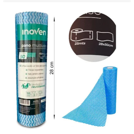 Pano Perfex Multiuso Azul Rolo 25m c/50 Panos 28x50cm Limpeza Profissional