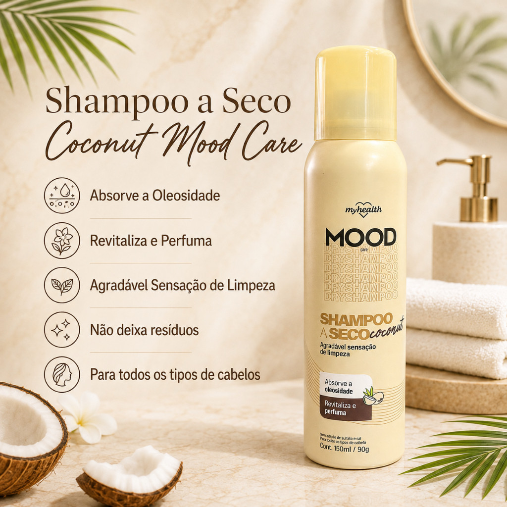 Shampoo a Seco Coconut 150ml Absorve Oleosidade Revitaliza e Perfuma Mood Care My Health