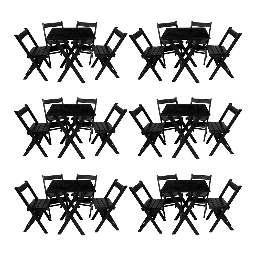 Kit 6 Conjuntos Mesa Dobrável 70x70 com 4 Cadeiras em Madeira Maciça - Preto