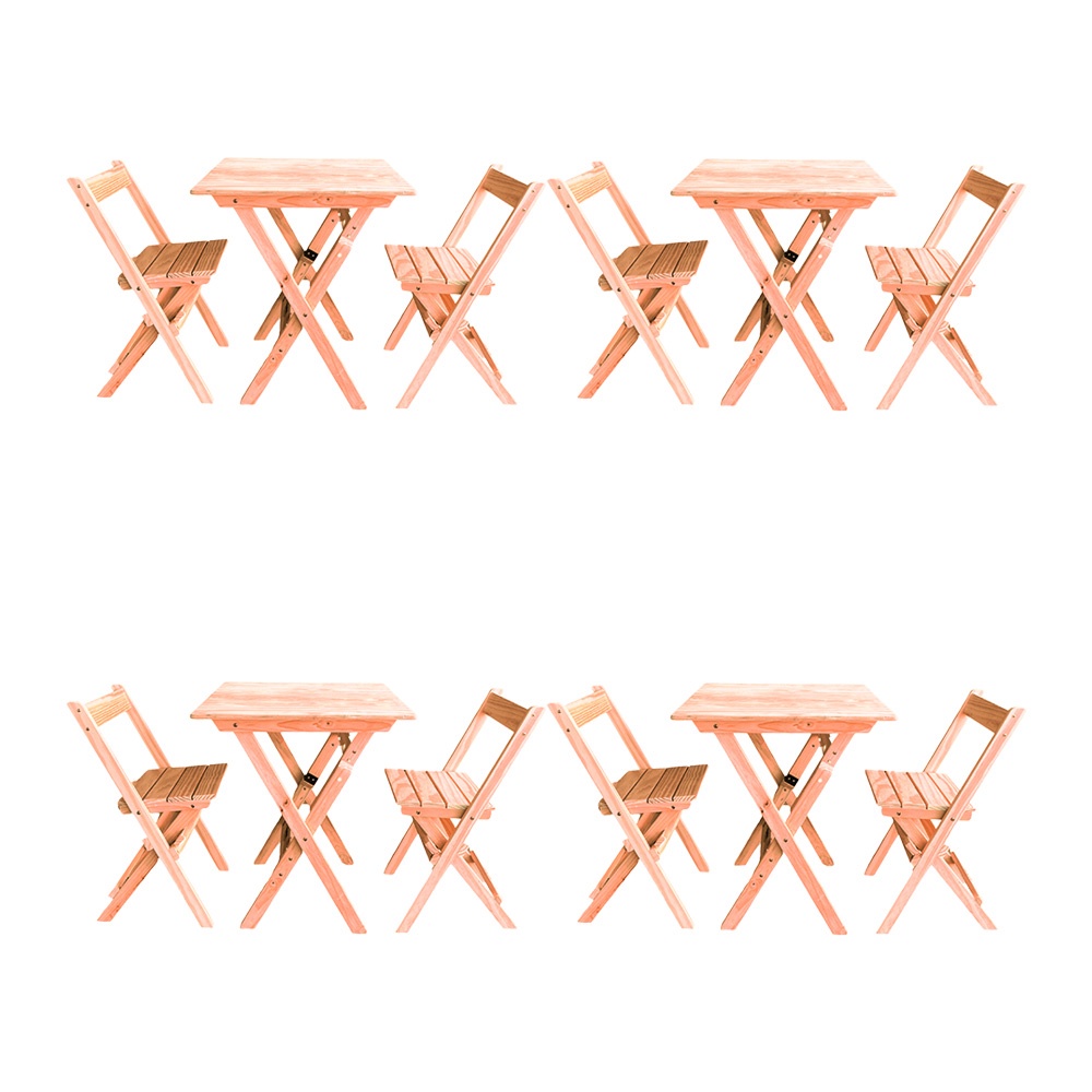 Kit 4 Conjuntos Mesa Dobrável para Bar e Restaurante 60x60cm com 2 Cadeiras em Madeira Maciça - Cru