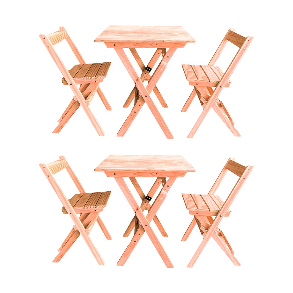 Kit 2 Conjuntos Mesa Dobrável para Bar e Restaurante 60x60cm com 2 Cadeiras em Madeira Maciça - Cru