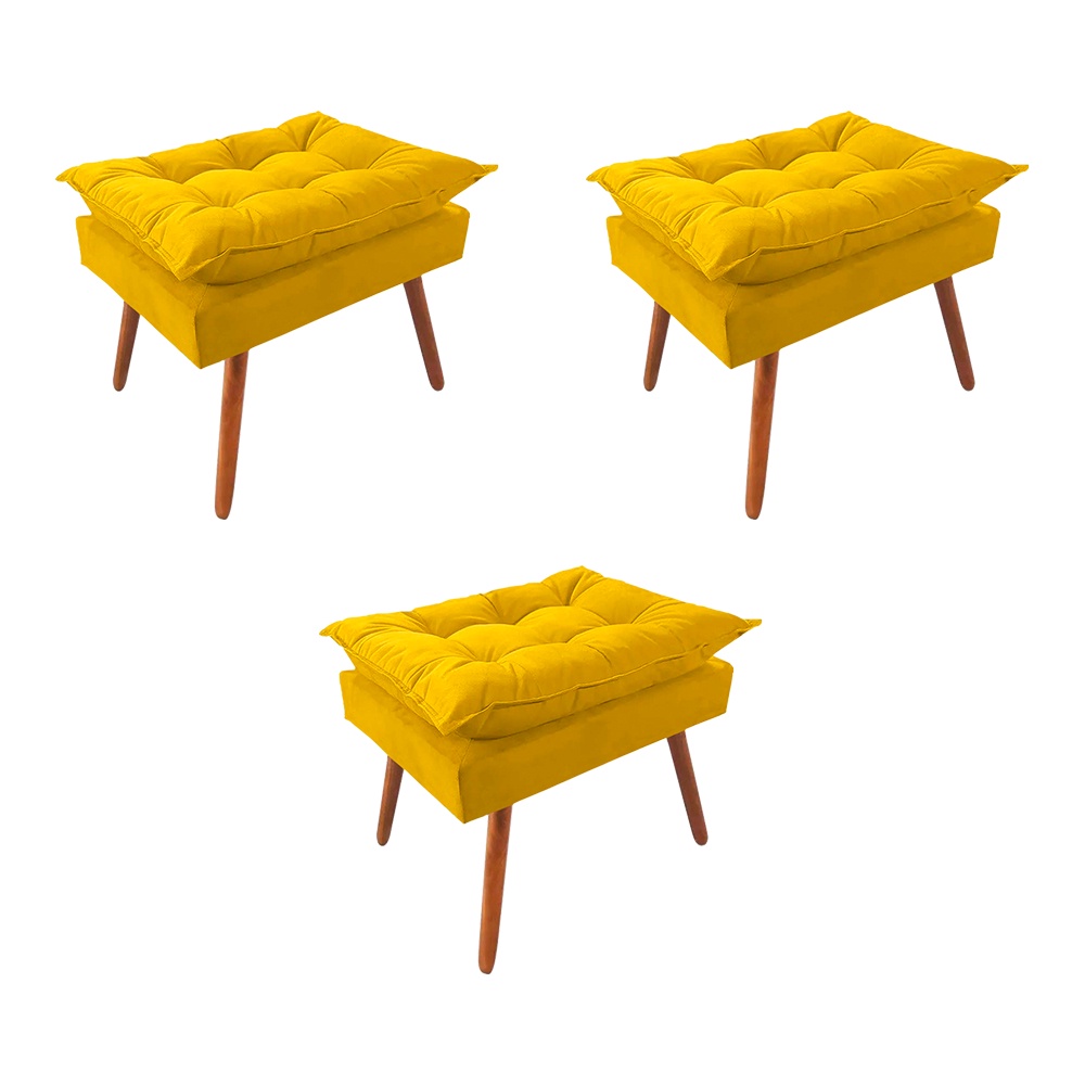 KIT 3 PUFF OPALA PREMIUM ALMOFADADA PARA DECORACAO SALA DE ESTAR VELUDO AMARELO