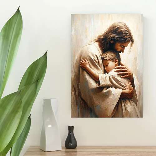 quadro decorativo Jesus Cristo abraçando o menino para sala quarto cozinha hall /sem moldura
