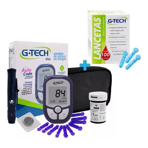 Medidor Glicose Gtech Vita 10 Tiras. 110 Lanceta. Lancetador