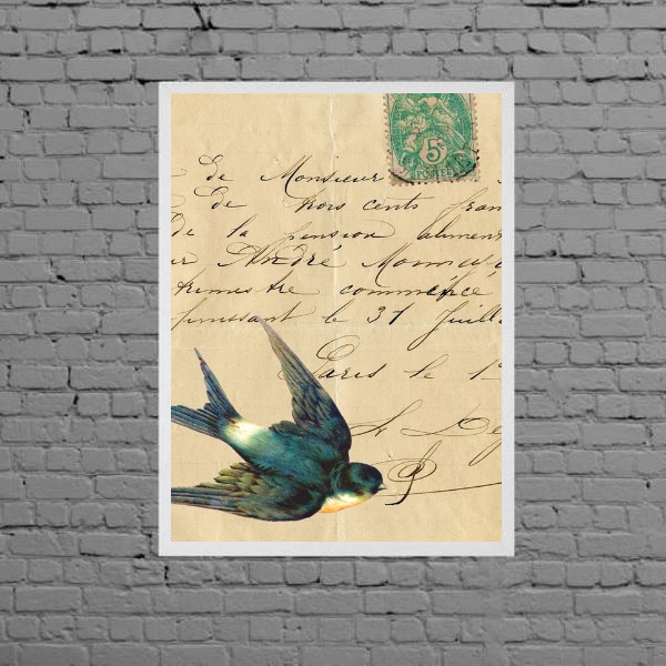 Quadro Vintage Andorinha Carta Antiga - Moldura Branca