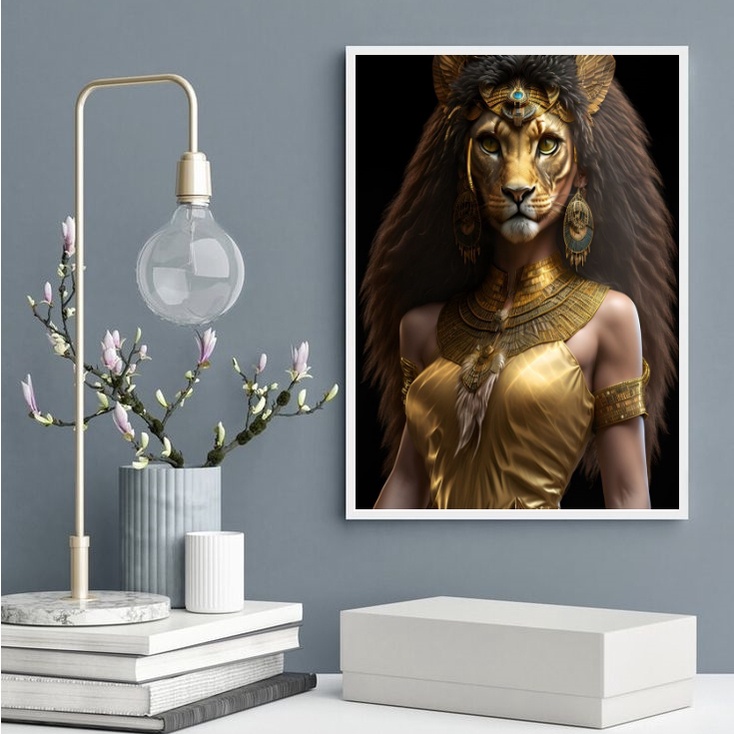 Quadro Deusa Egípcia Sekhmet - Moldura Branca