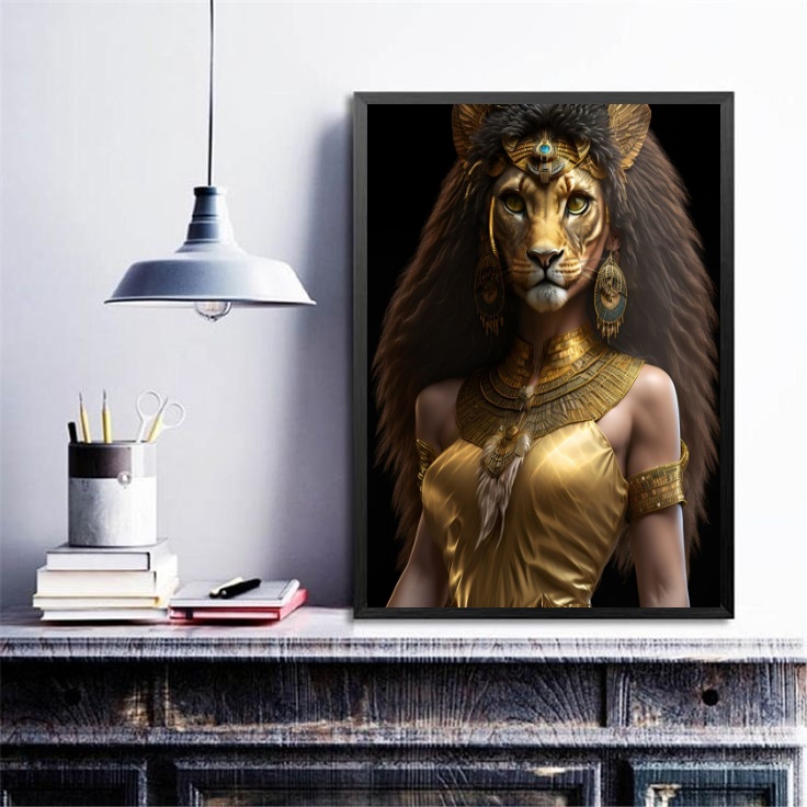 Quadro Deusa Egípcia Sekhmet - Moldura Preta
